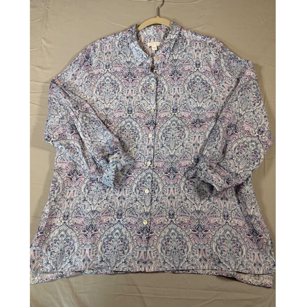 J. Jill Love Linen Essential Shirt XL Petite Paisley Blue Purple 100% Linen
